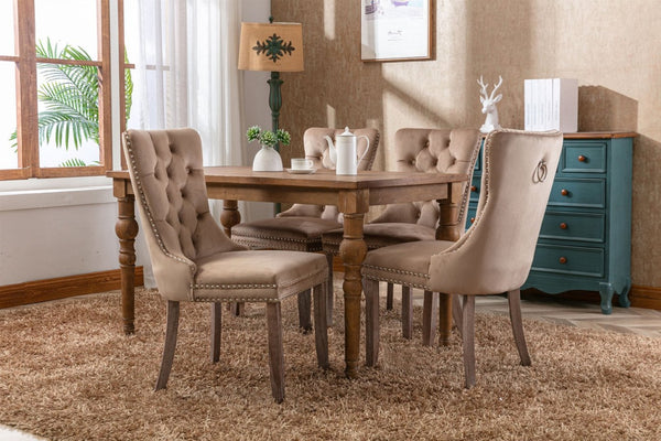 English Elm Nikki Velvet Wingback Dining Chair Set Tufted Brass Nailhead Solid Wood Legs Khaki W114381107