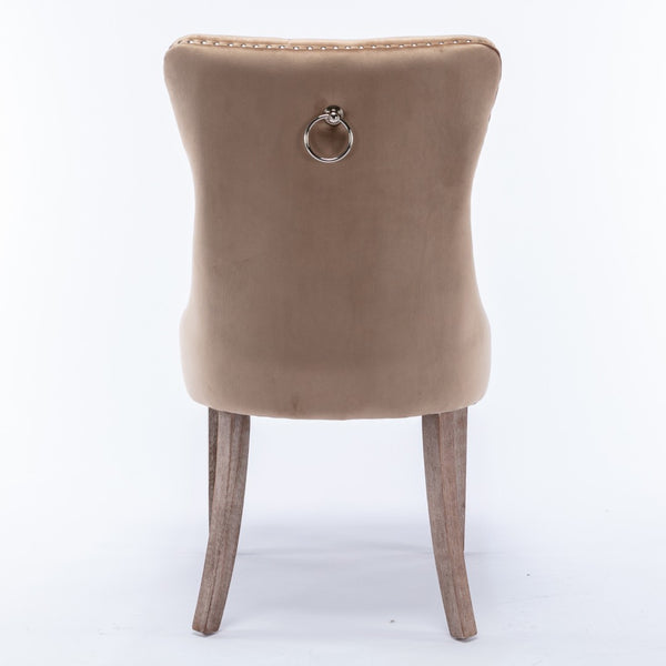 English Elm Nikki Velvet Wingback Dining Chair Set Tufted Brass Nailhead Solid Wood Legs Khaki W114381107