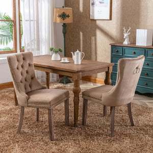 English Elm Nikki Velvet Wingback Dining Chair Set Tufted Brass Nailhead Solid Wood Legs Khaki W114381107