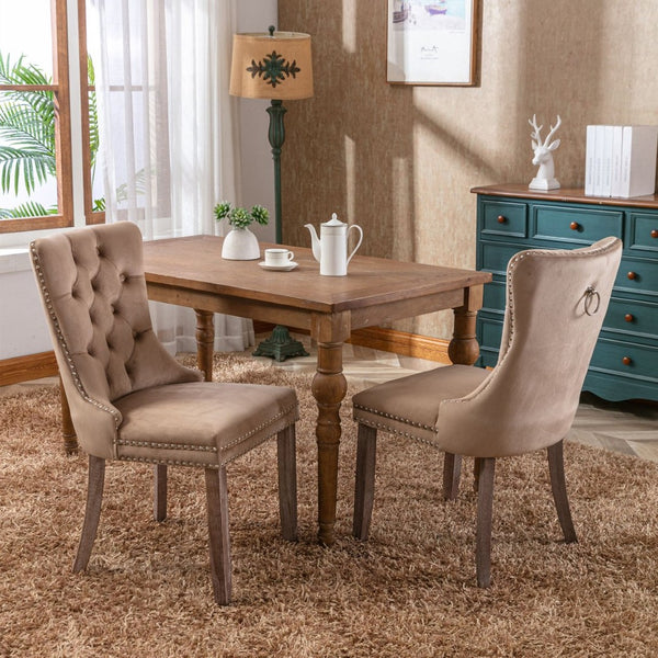 English Elm Nikki Velvet Wingback Dining Chair Set Tufted Brass Nailhead Solid Wood Legs Khaki W114381107