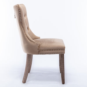 English Elm Nikki Velvet Wingback Dining Chair Set Tufted Brass Nailhead Solid Wood Legs Khaki W114381107
