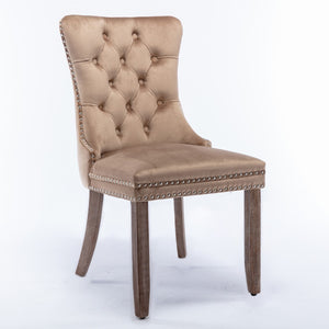 English Elm Nikki Velvet Wingback Dining Chair Set Tufted Brass Nailhead Solid Wood Legs Khaki W114381107