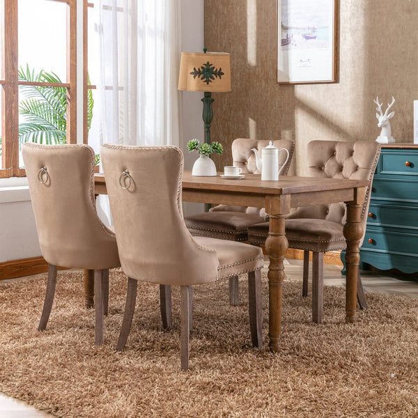 English Elm Nikki Velvet Wingback Dining Chair Set Tufted Brass Nailhead Solid Wood Legs Khaki W114381107