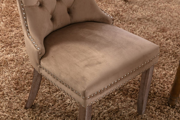 English Elm Nikki Velvet Wingback Dining Chair Set Tufted Brass Nailhead Solid Wood Legs Khaki W114381107