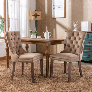 English Elm Nikki Velvet Wingback Dining Chair Set Tufted Brass Nailhead Solid Wood Legs Khaki W114381107