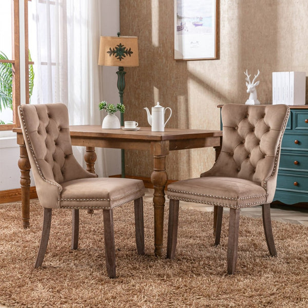 English Elm Nikki Velvet Wingback Dining Chair Set Tufted Brass Nailhead Solid Wood Legs Khaki W114381107