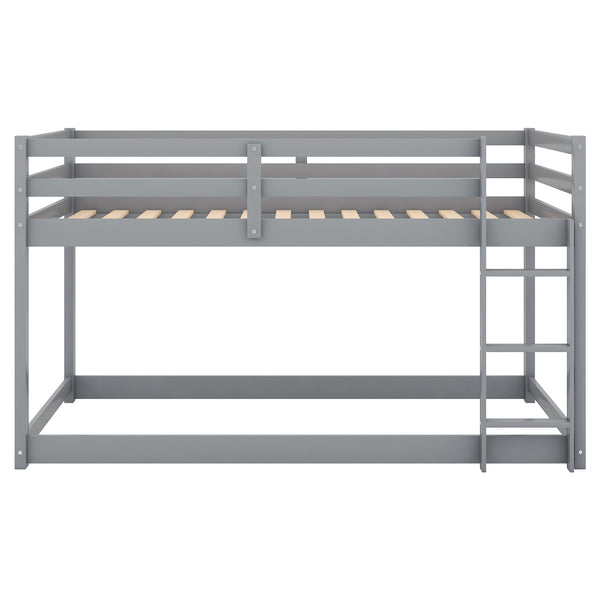 English Elm Twin Solid Pine Twin Over Twin Floor Bunk Bed with Ladder and Guardrail, Space-Saving Low Profile Design Gray WF293017AAE