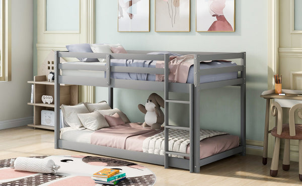 English Elm Twin Solid Pine Twin Over Twin Floor Bunk Bed with Ladder and Guardrail, Space-Saving Low Profile Design Gray WF293017AAE