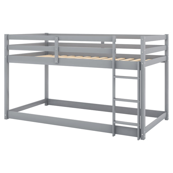 English Elm Twin Solid Pine Twin Over Twin Floor Bunk Bed with Ladder and Guardrail, Space-Saving Low Profile Design Gray WF293017AAE