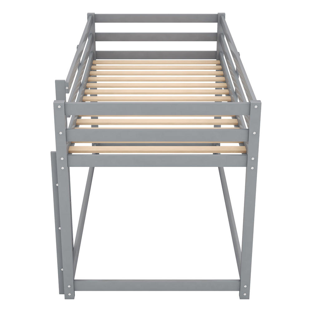 English Elm Twin Solid Pine Twin Over Twin Floor Bunk Bed with Ladder and Guardrail, Space-Saving Low Profile Design Gray WF293017AAE