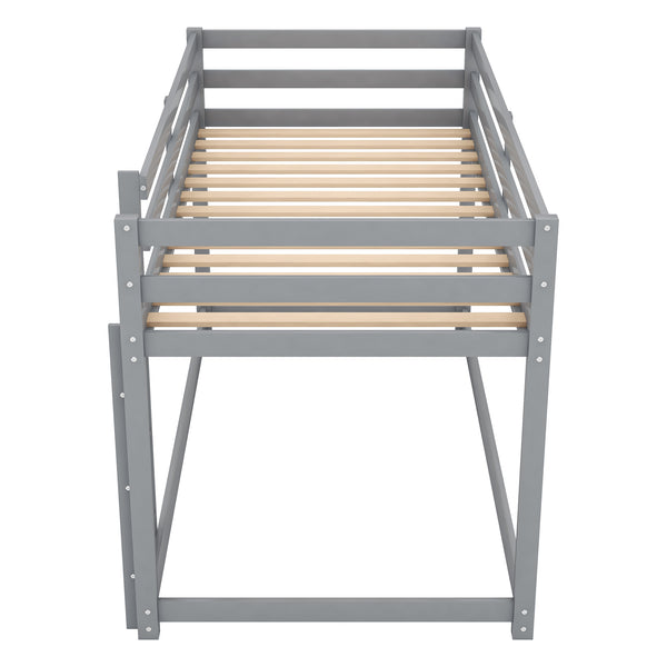 English Elm Twin Solid Pine Twin Over Twin Floor Bunk Bed with Ladder and Guardrail, Space-Saving Low Profile Design Gray WF293017AAE