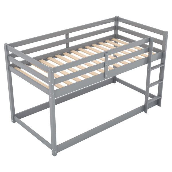 English Elm Twin Solid Pine Twin Over Twin Floor Bunk Bed with Ladder and Guardrail, Space-Saving Low Profile Design Gray WF293017AAE