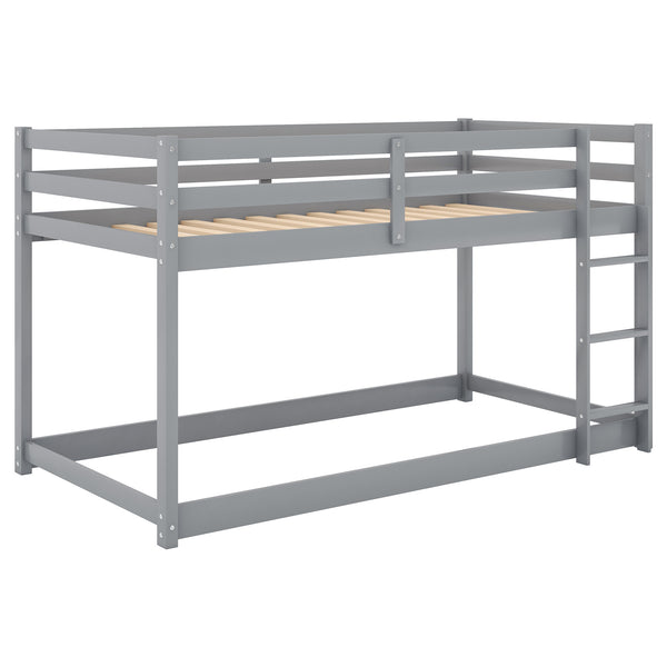 English Elm Twin Solid Pine Twin Over Twin Floor Bunk Bed with Ladder and Guardrail, Space-Saving Low Profile Design Gray WF293017AAE