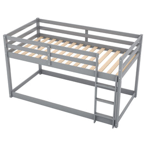 English Elm Twin Solid Pine Twin Over Twin Floor Bunk Bed with Ladder and Guardrail, Space-Saving Low Profile Design Gray WF293017AAE