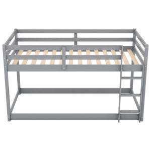 English Elm Twin Solid Pine Twin Over Twin Floor Bunk Bed with Ladder and Guardrail, Space-Saving Low Profile Design Gray WF293017AAE