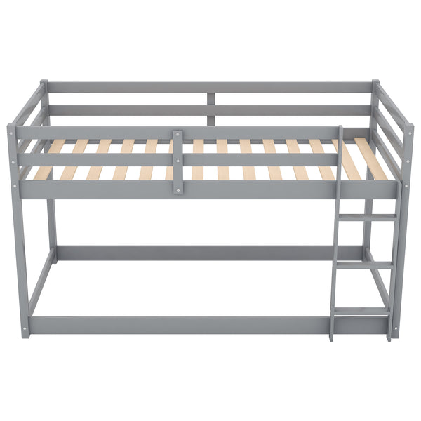 English Elm Twin Solid Pine Twin Over Twin Floor Bunk Bed with Ladder and Guardrail, Space-Saving Low Profile Design Gray WF293017AAE