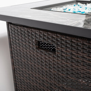 English Elm 30" 30" Propane Fire Pit Table 50000BTU Marble Tile Top Rattan Base with Glass Rocks & Cover W85343034