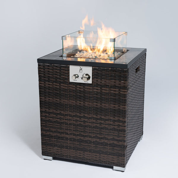 English Elm 24" 50000 BTU Propane Fire Pit Table with Windshield, Ceramic Tile Top, Wicker Base & Cover W85343026