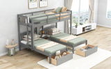 Hearth and Haven Twin over Twin & Twin Bunk Bed with Two Drawers and Built in Middle Drawer, Grey