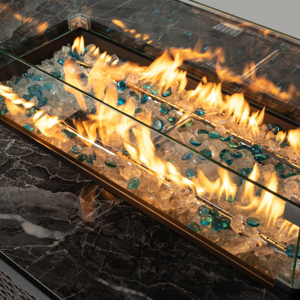 English Elm 44" 44" Propane Fire Pit Table 50000 BTU Rectangular Ceramic Tile Top Wicker Base Glass Rocks Windshield W85343036