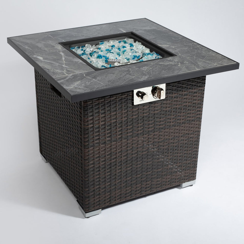 English Elm 30" 30" Propane Fire Pit Table 50000BTU Marble Tile Top Rattan Base with Glass Rocks & Cover W85343034