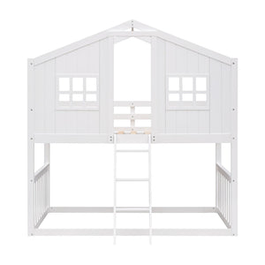 English Elm Twin Over Playhouse Bunk Bed Solid Pine Frame with Pitched Roof Kids Bedroom LT100184AAK