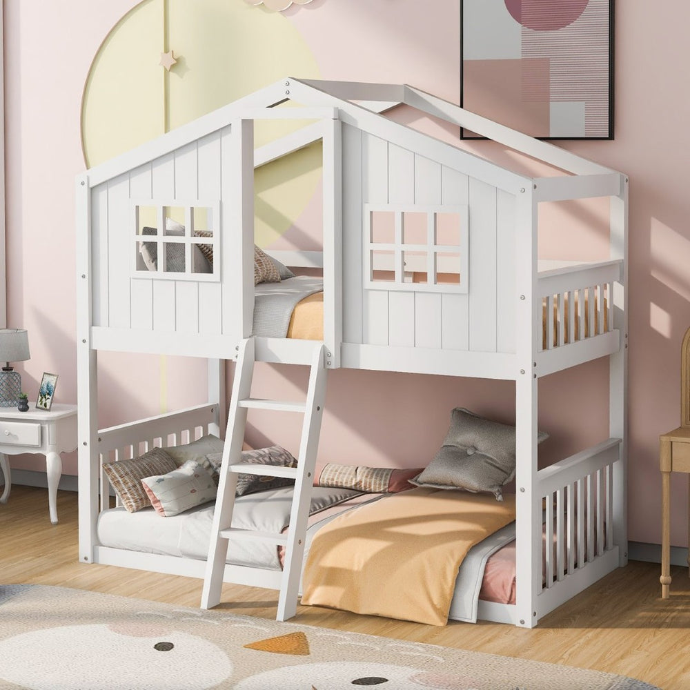 English Elm Twin Over Playhouse Bunk Bed Solid Pine Frame with Pitched Roof Kids Bedroom LT100184AAK
