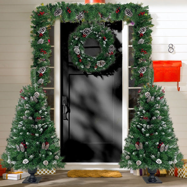 English Elm Pre-lit Holiday Decor 4 Piece Set with Led Garland Wreath and Entrance Trees PX283311AAB