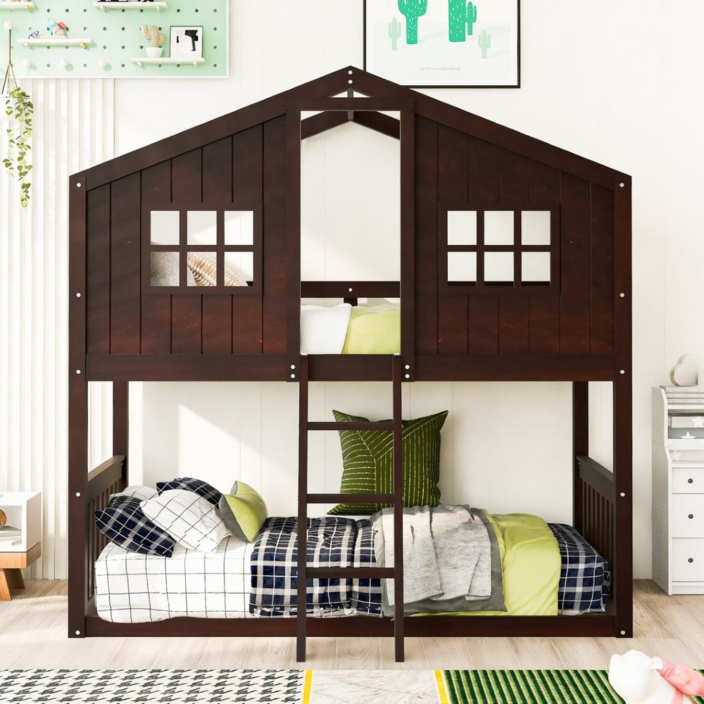 English Elm Twin Over Playhouse Bunk Bed Solid Pine Frame with Pitched Roof Kids Bedroom LT100184AAP