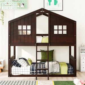 English Elm Twin Over Playhouse Bunk Bed Solid Pine Frame with Pitched Roof Kids Bedroom LT100184AAP