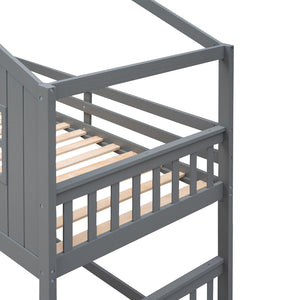 English Elm Twin Over Playhouse Bunk Bed Solid Pine Frame with Pitched Roof Kids Bedroom LT100184AAE