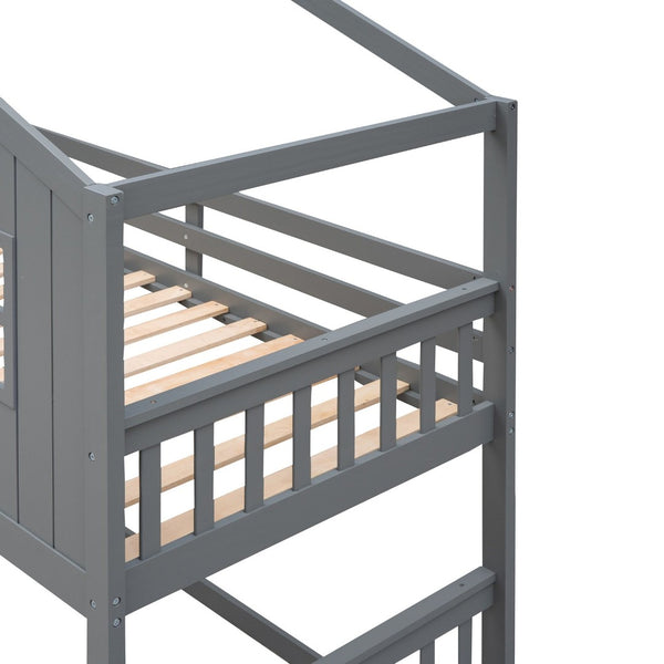 English Elm Twin Over Playhouse Bunk Bed Solid Pine Frame with Pitched Roof Kids Bedroom LT100184AAE