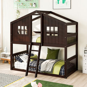 English Elm Twin Over Playhouse Bunk Bed Solid Pine Frame with Pitched Roof Kids Bedroom LT100184AAP