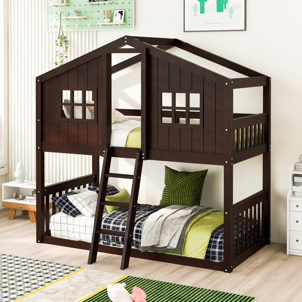 English Elm Twin Over Playhouse Bunk Bed Solid Pine Frame with Pitched Roof Kids Bedroom LT100184AAP