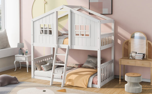 English Elm Twin Over Playhouse Bunk Bed Solid Pine Frame with Pitched Roof Kids Bedroom LT100184AAK