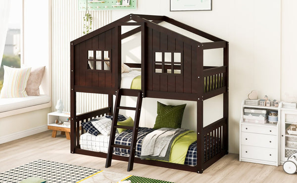 English Elm Twin Over Playhouse Bunk Bed Solid Pine Frame with Pitched Roof Kids Bedroom LT100184AAP