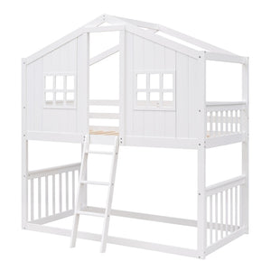 English Elm Twin Over Playhouse Bunk Bed Solid Pine Frame with Pitched Roof Kids Bedroom LT100184AAK
