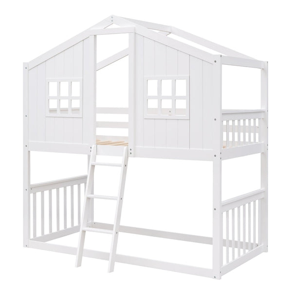 English Elm Twin Over Playhouse Bunk Bed Solid Pine Frame with Pitched Roof Kids Bedroom LT100184AAK