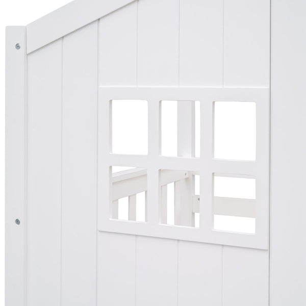 English Elm Twin Over Playhouse Bunk Bed Solid Pine Frame with Pitched Roof Kids Bedroom LT100184AAK