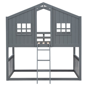 English Elm Twin Over Playhouse Bunk Bed Solid Pine Frame with Pitched Roof Kids Bedroom LT100184AAE