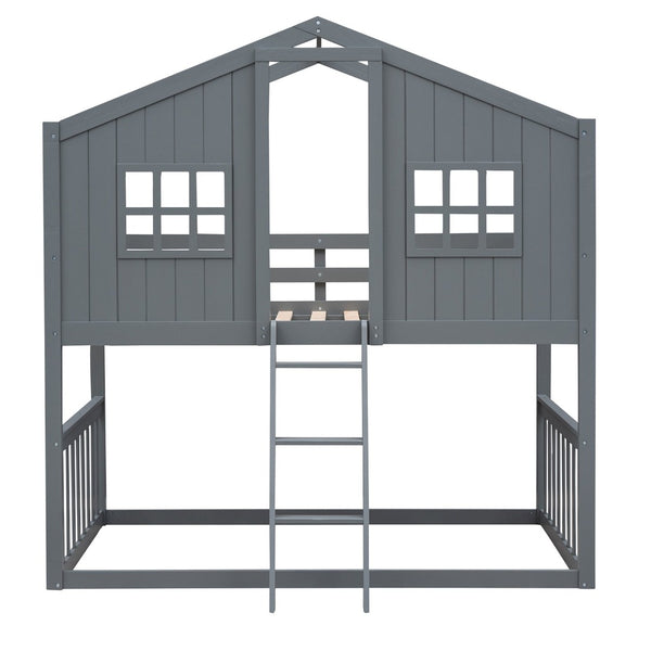 English Elm Twin Over Playhouse Bunk Bed Solid Pine Frame with Pitched Roof Kids Bedroom LT100184AAE