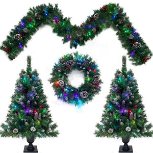 English Elm Pre-lit Holiday Decor 4 Piece Set with Led Garland Wreath and Entrance Trees PX283311AAB