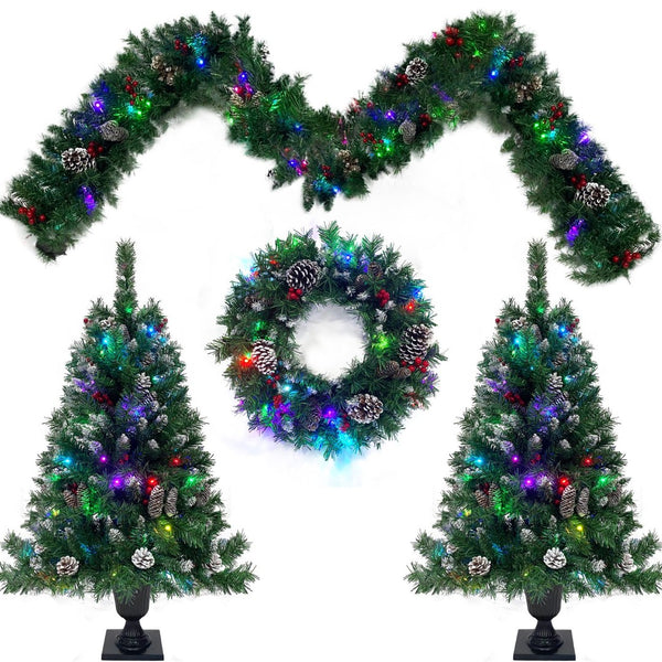 English Elm Pre-lit Holiday Decor 4 Piece Set with Led Garland Wreath and Entrance Trees PX283311AAB