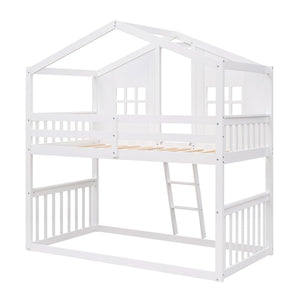 English Elm Twin Over Playhouse Bunk Bed Solid Pine Frame with Pitched Roof Kids Bedroom LT100184AAK
