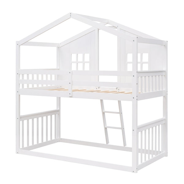 English Elm Twin Over Playhouse Bunk Bed Solid Pine Frame with Pitched Roof Kids Bedroom LT100184AAK
