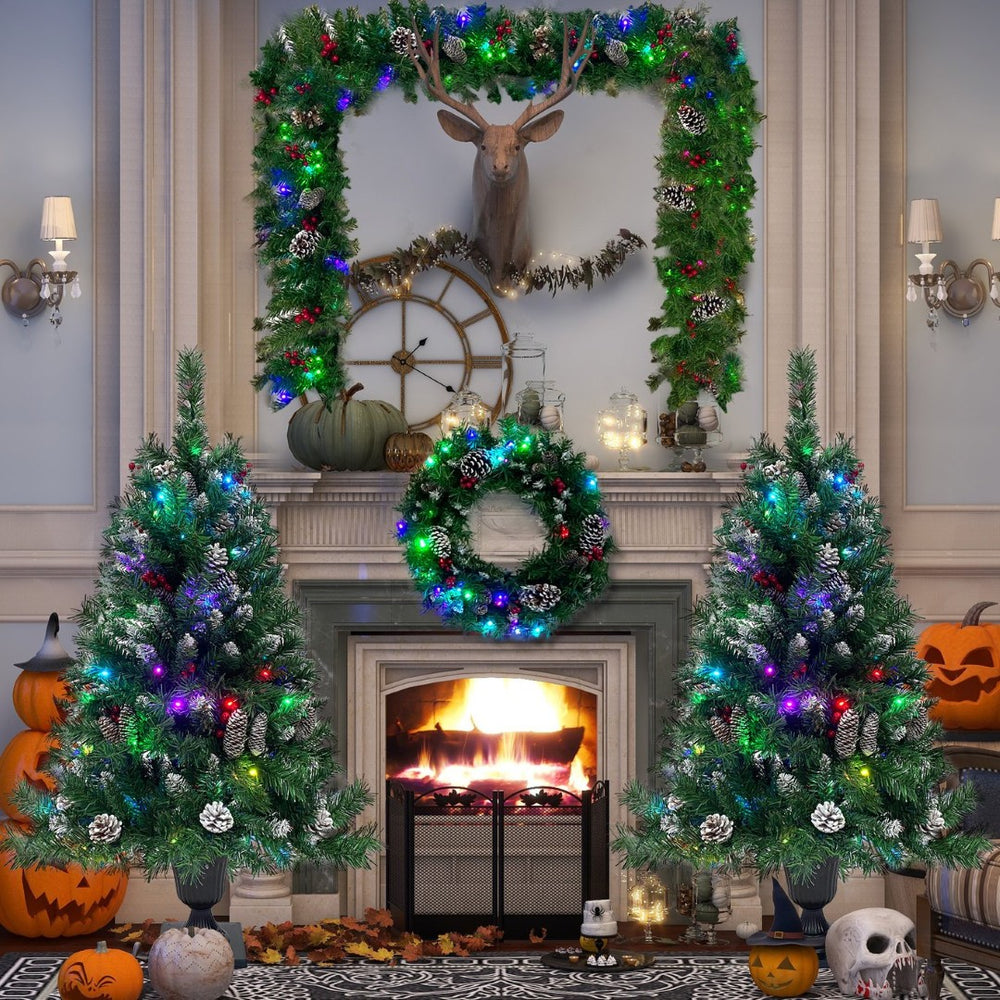 English Elm Pre-lit Holiday Decor 4 Piece Set with Led Garland Wreath and Entrance Trees PX283311AAB