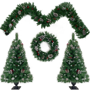 English Elm Pre-lit Holiday Decor 4 Piece Set with Led Garland Wreath and Entrance Trees PX283311AAB