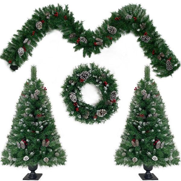 English Elm Pre-lit Holiday Decor 4 Piece Set with Led Garland Wreath and Entrance Trees PX283311AAB