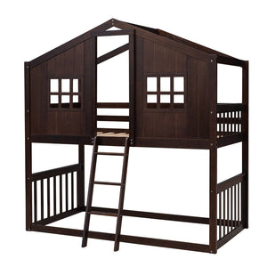 English Elm Twin Over Playhouse Bunk Bed Solid Pine Frame with Pitched Roof Kids Bedroom LT100184AAP