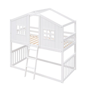 English Elm Twin Over Playhouse Bunk Bed Solid Pine Frame with Pitched Roof Kids Bedroom LT100184AAK